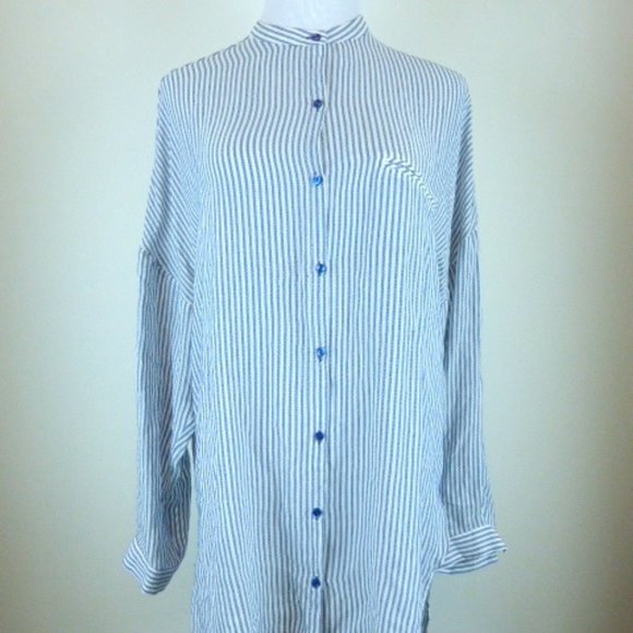 nwt Zara banded collar tunic top button up L  fine stripe semi sheer - Picture 1 of 5
